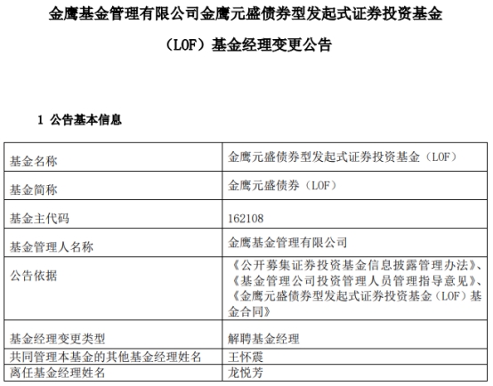 龙悦芳离任金鹰元盛债券